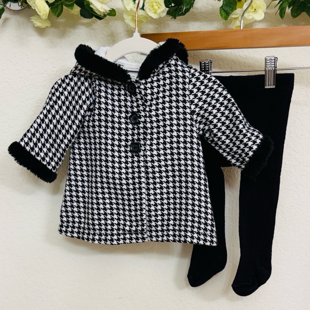 Sweet Heart Rose • Baby Houndstooth Faux Fur Coat & Tights Set
